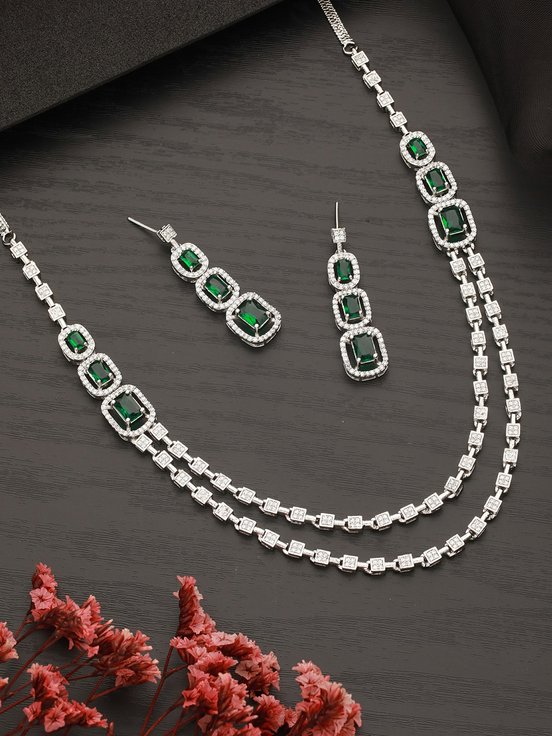 Silver Plated  Green Zircon Studded Double 2 Lined Bridal Luxe  Jewellery set